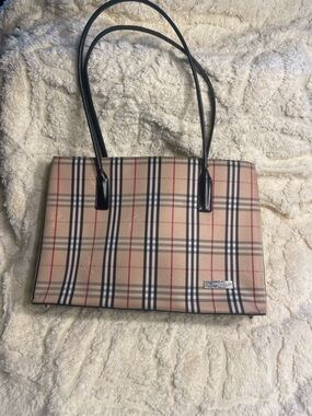 Burberry Classic Plaid Tote Bag in Beige with Black Straps